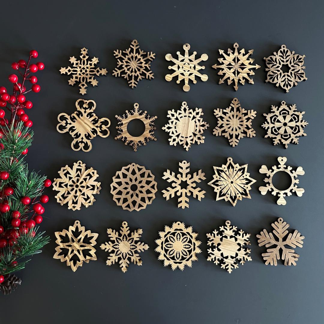 Olive Wood Snowflake Designs Christmas Ornaments