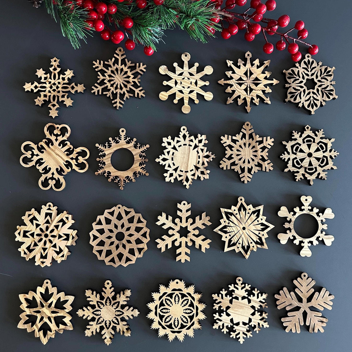 Olive Wood Snowflake Designs Christmas Ornaments