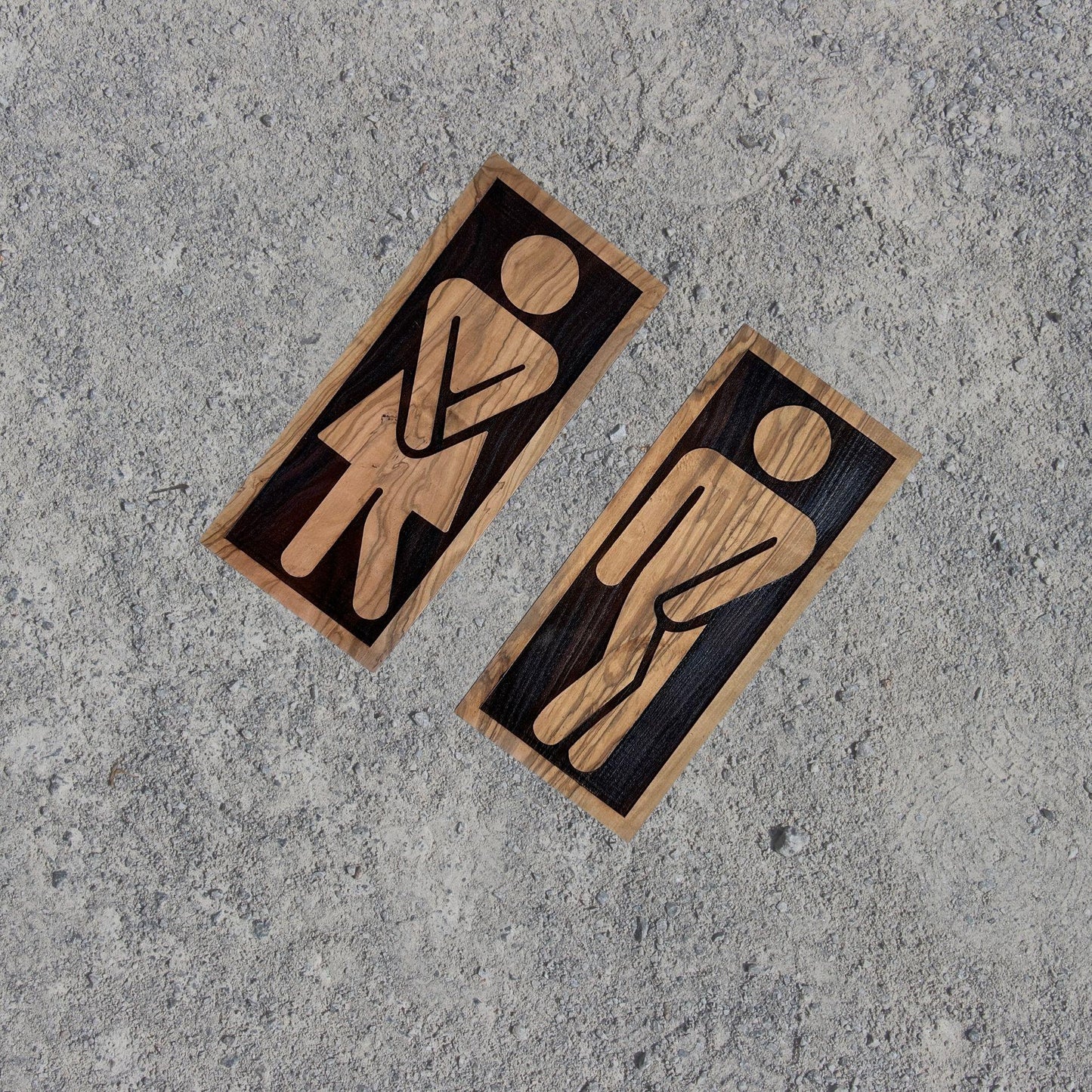 Olive Wood Restroom Sign | Bathroom WC Door Sign | Wooden Toilet Sign | Male Female Bathroom Figurines | Unique Toilet Door Plate