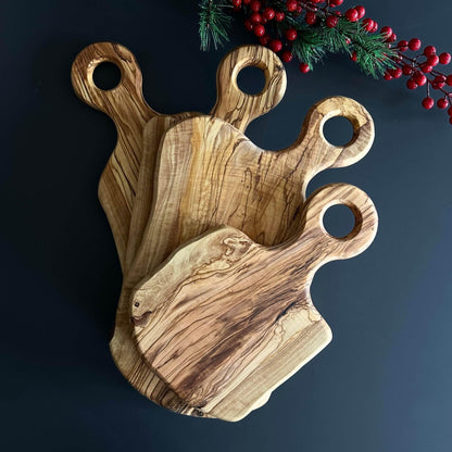 Live Edge Olive Wood Serving Board with Handle | Natural Wooden Charcuterie Board