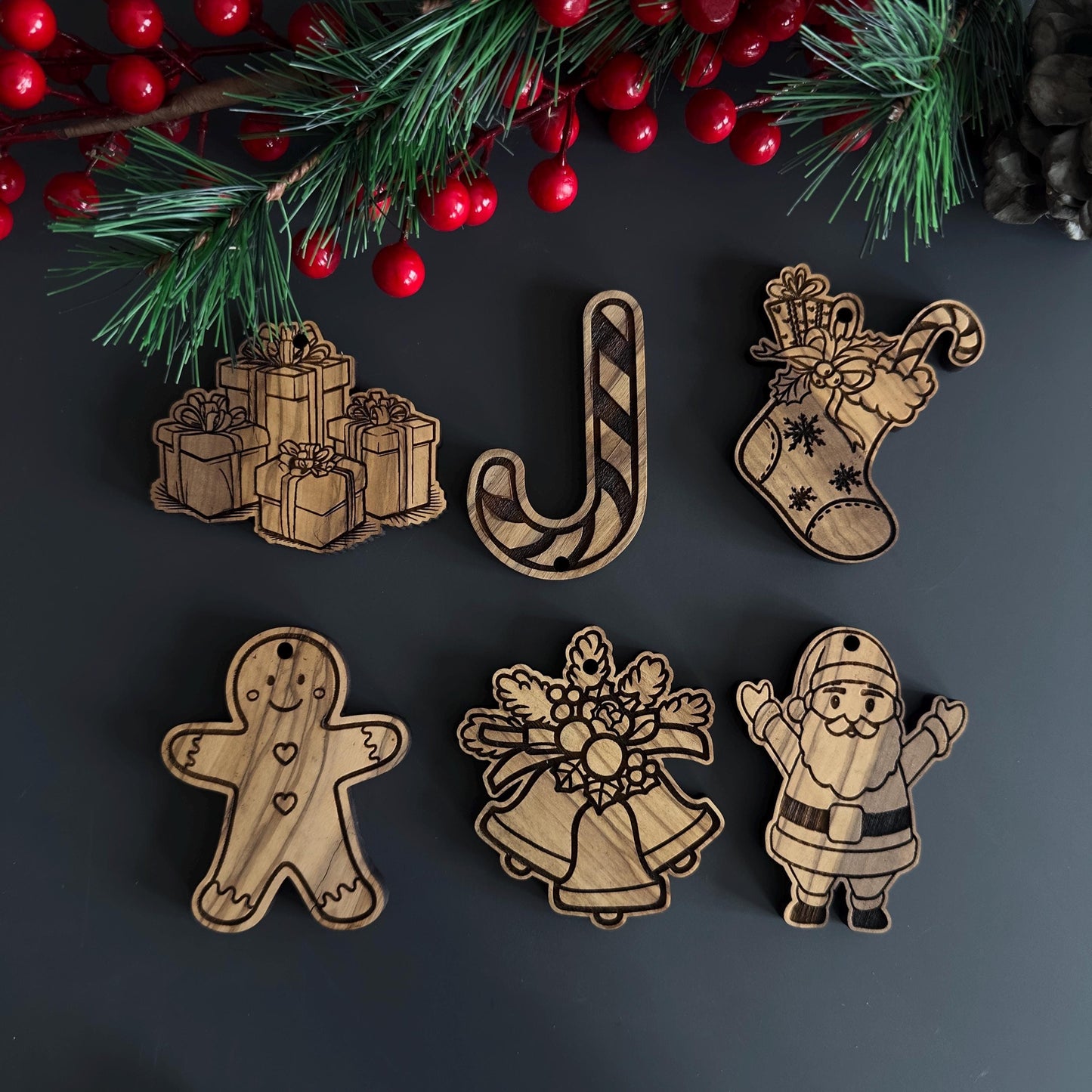 Olive Wood Christmas Ornaments, Wooden Engraved Figure Ornaments Set, Olive Wood Unique Figures Christmas Favors Bundle