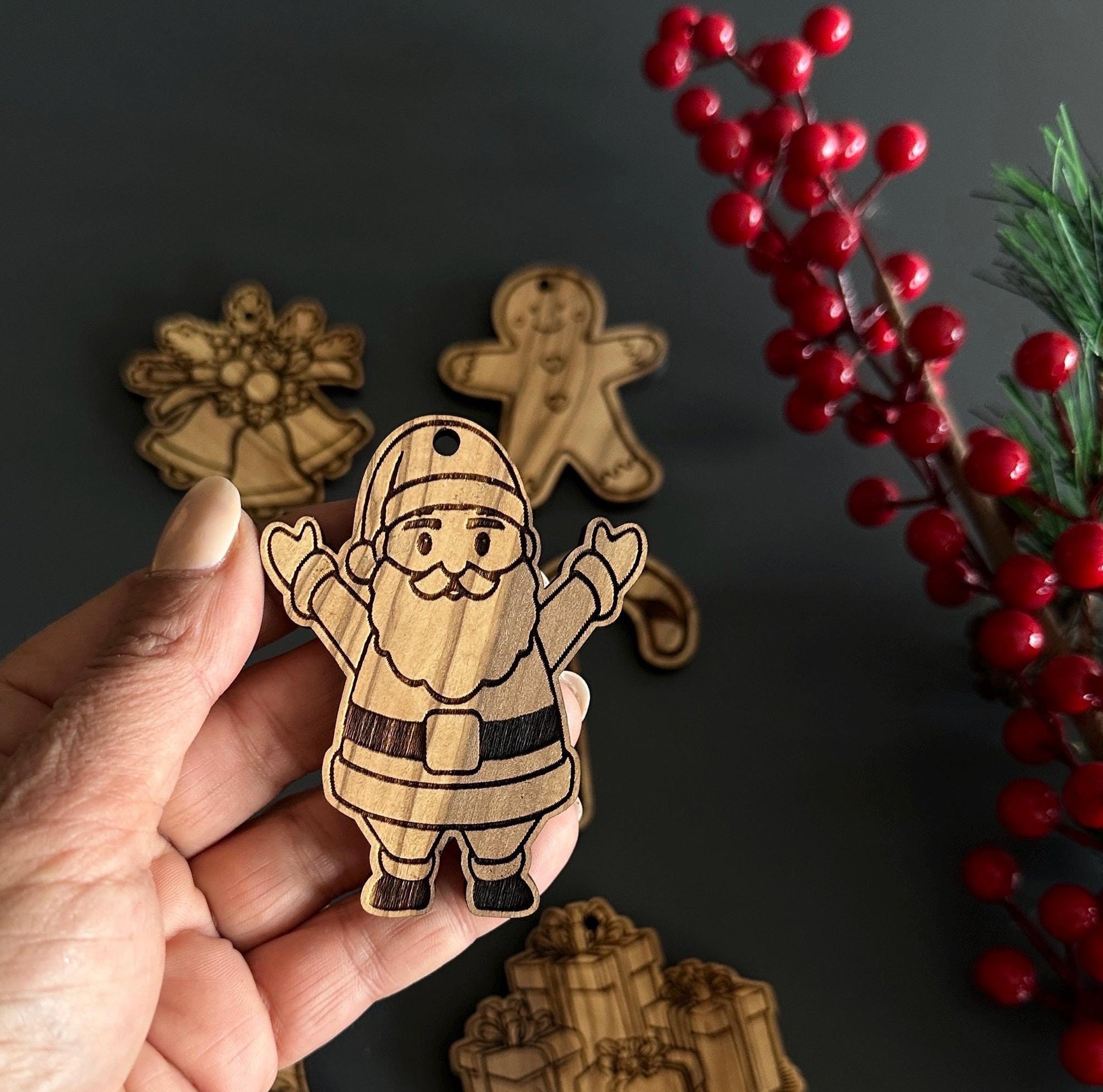 Olive Wood Christmas Ornaments, Wooden Engraved Figure Ornaments Set, Olive Wood Unique Figures Christmas Favors Bundle