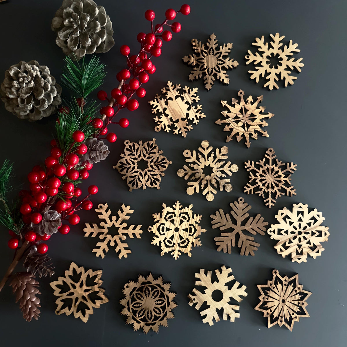 Olive Wood Snowflake Designs Christmas Ornaments