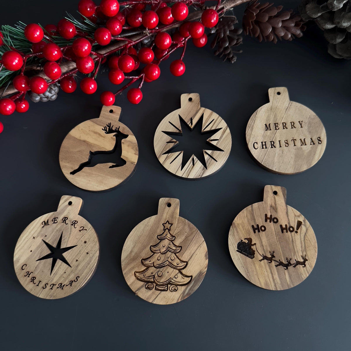 Engraved Olive Wood Christmas Ornaments, Unique Designs