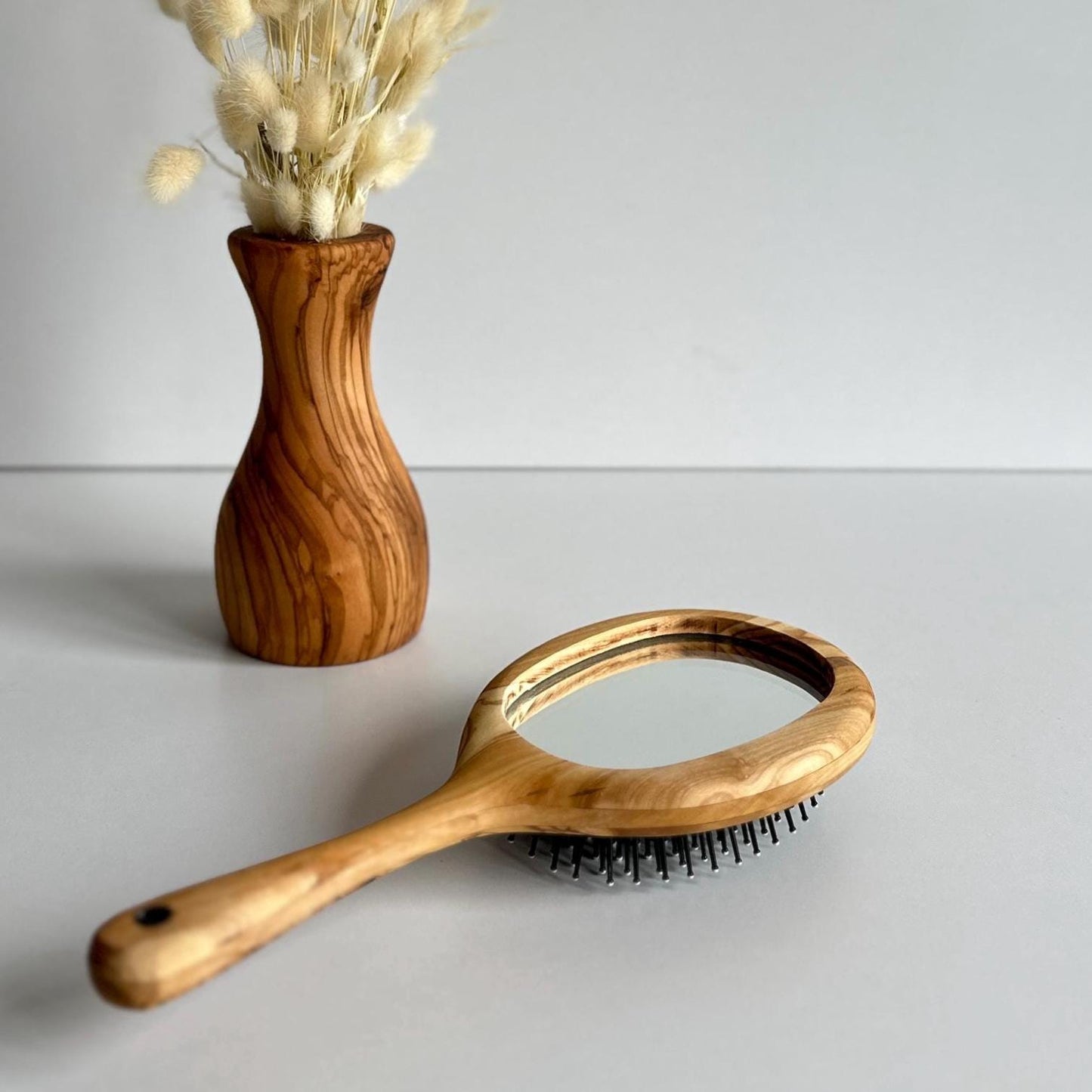 Personalized Olive Wood Hairbrush with Mirror – Rustic Handheld Design - Christmas Gift