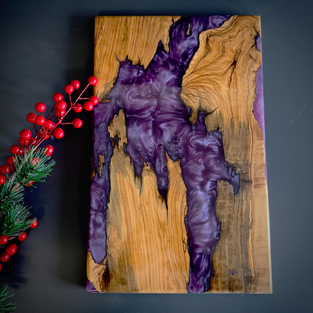 Olive Wood Charcuterie Board with Epoxy Resin | Serving Tray for Cheese | Christmas Gift