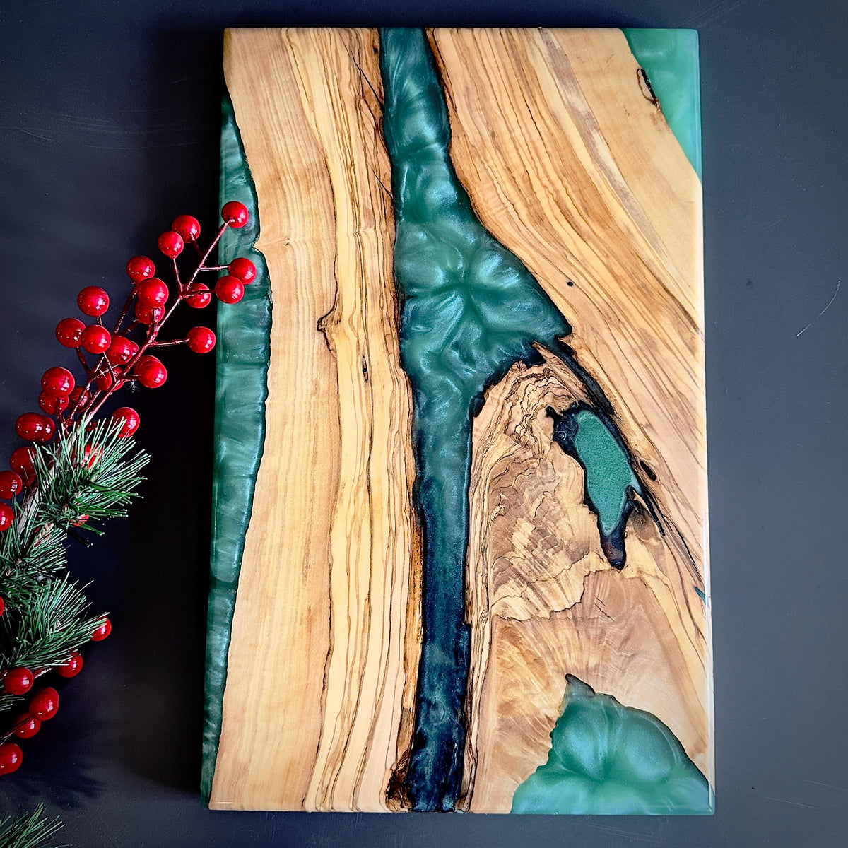 Olive Wood Charcuterie Board with Epoxy Resin | Serving Tray for Cheese | Christmas Gift