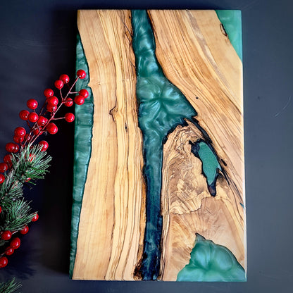 Olive Wood Charcuterie Board with Epoxy Resin | Serving Tray for Cheese | Christmas Gift