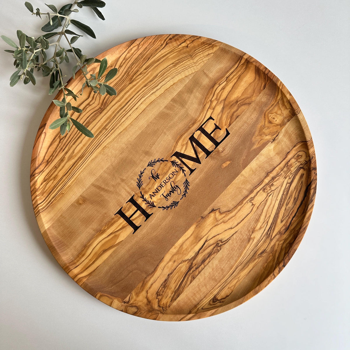 Personalized Olive Wood Round Tray, Coffee Table Tea Tray (15.7 inches)