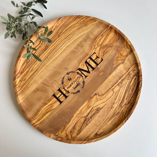 Personalized Olive Wood Round Tray, Coffee Table Tea Tray (15.7 inches)