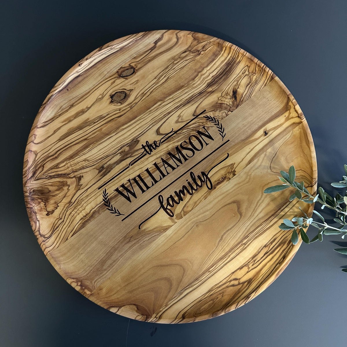 Personalized Olive Wood Round Tray, Coffee Table Tea Tray (15.7 inches)