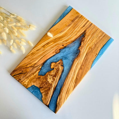Olive Wood Cutting Board with Blue Epoxy | Unique Kitchen Decor