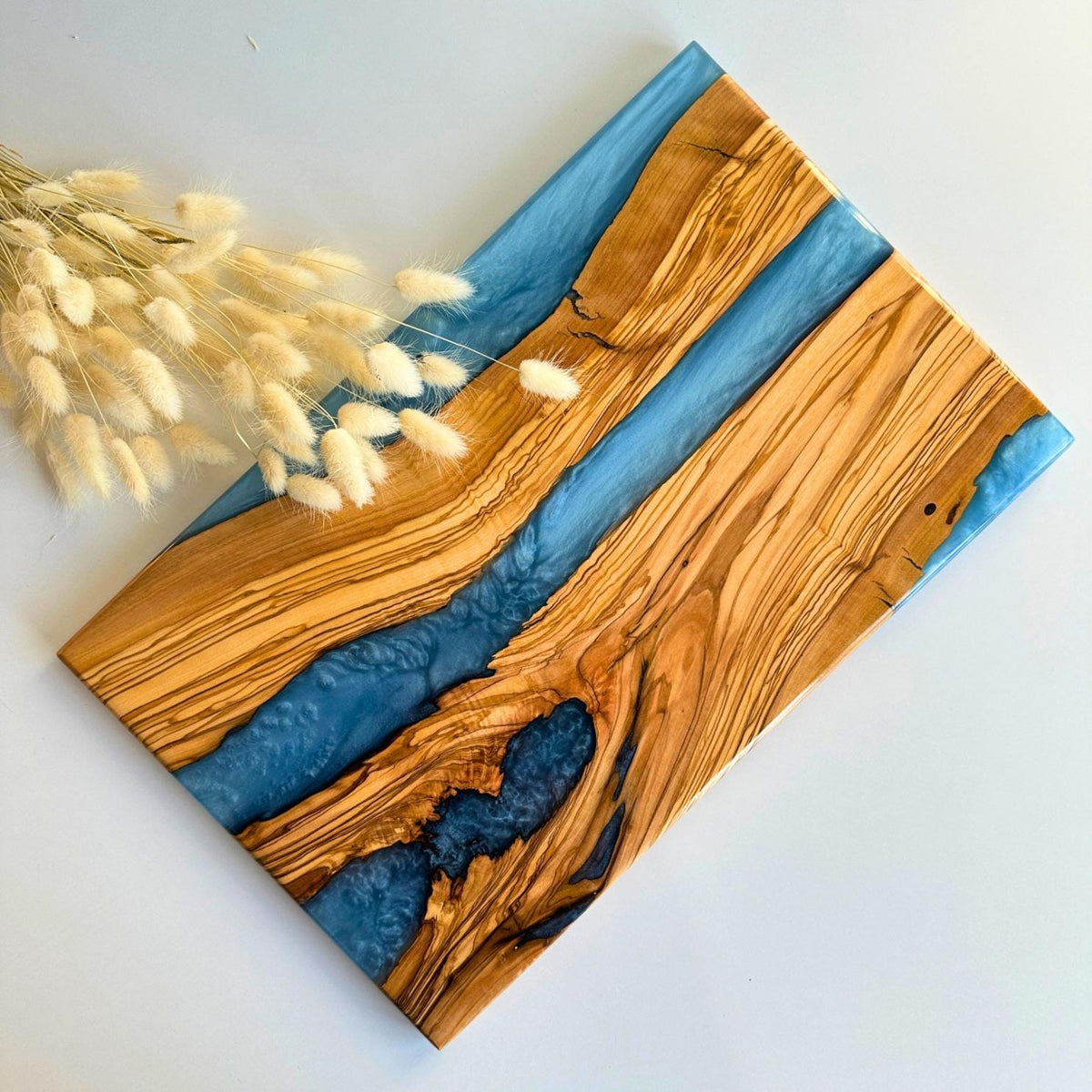Olive Wood Cutting Board with Blue Epoxy | Unique Kitchen Decor