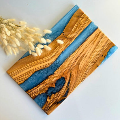 Olive Wood Cutting Board with Blue Epoxy | Unique Kitchen Decor