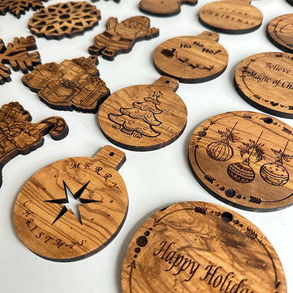 Engraved Olive Wood Christmas Ornaments, Unique Holiday Decor