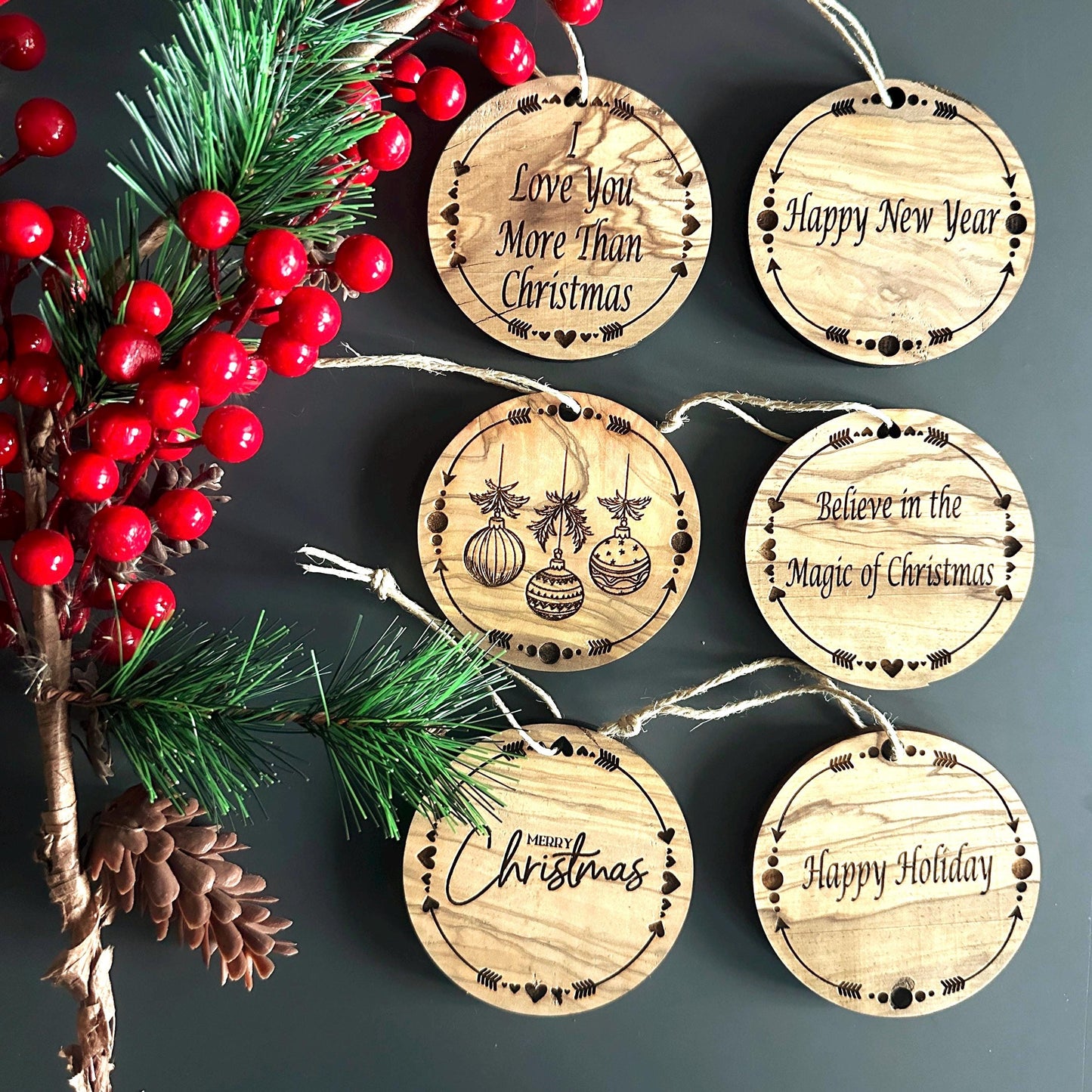 Olive Wood Christmas Ornaments, Wooden Engraved Ornaments Set, Olive Wood Christmas Favors Bundle