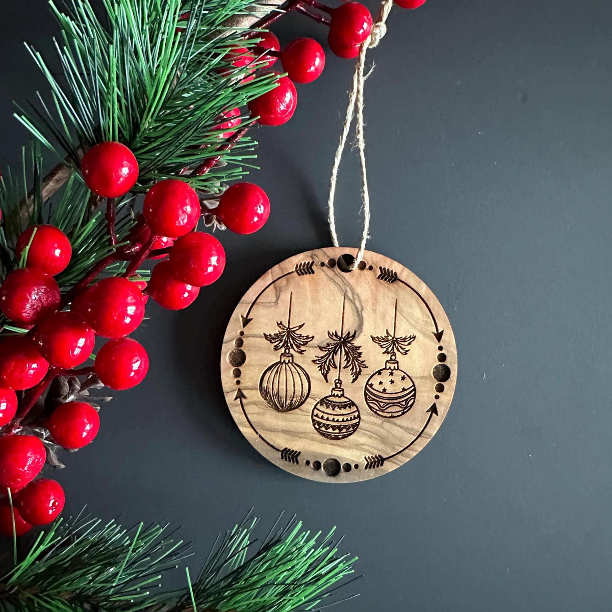 Engraved Olive Wood Christmas Ornaments, Holiday Decoration Set