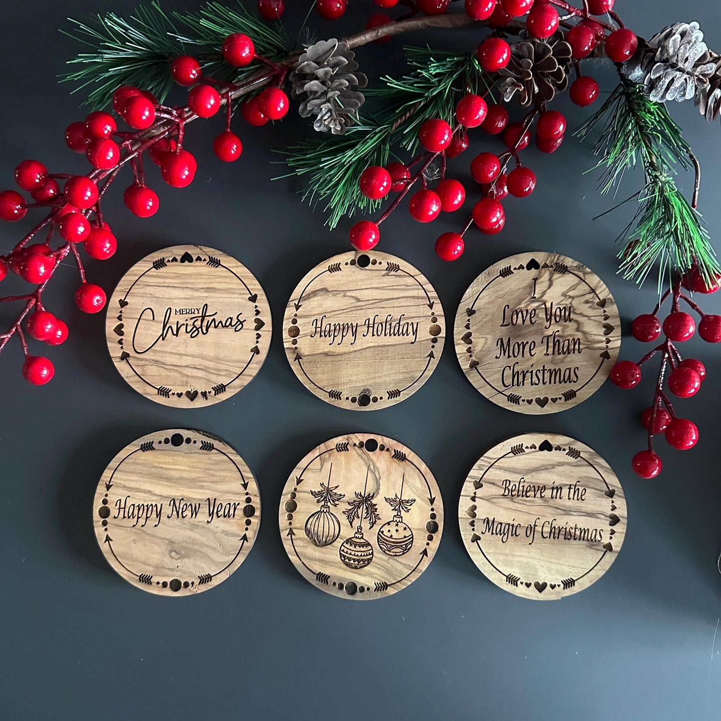 Olive Wood Christmas Ornaments, Wooden Engraved Ornaments Set, Olive Wood Christmas Favors Bundle