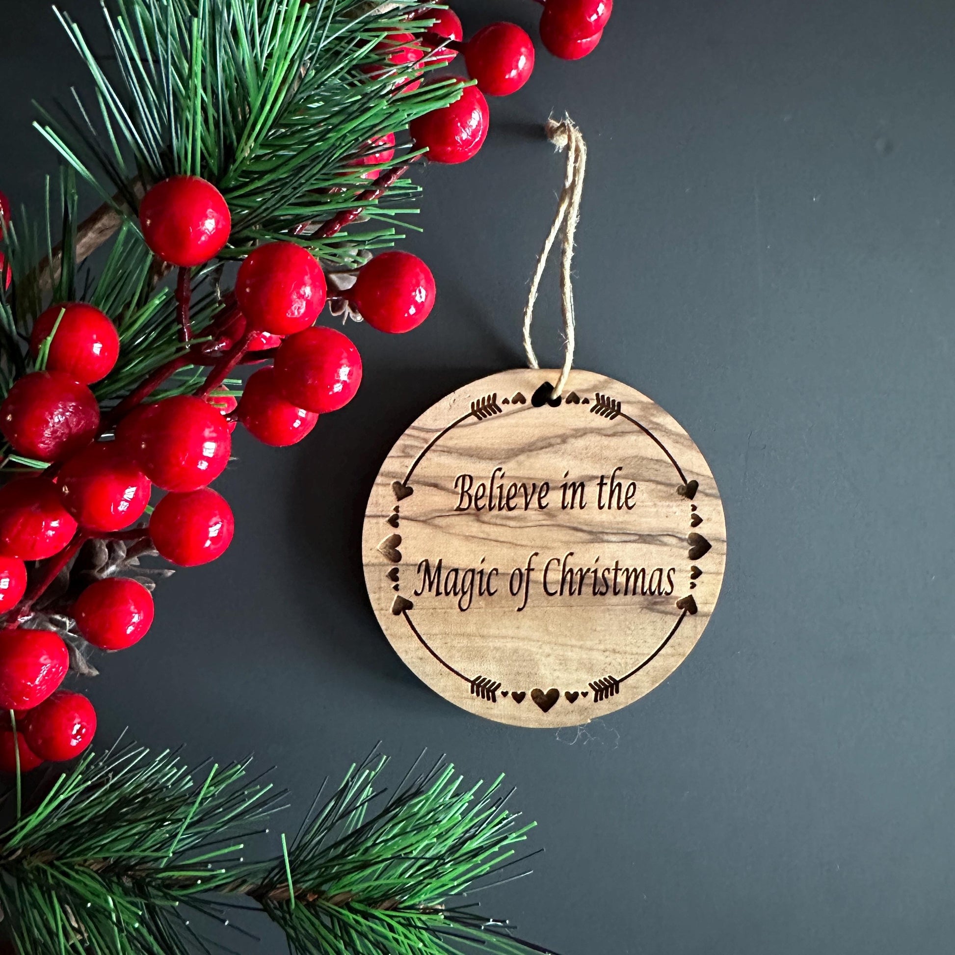 Olive Wood Christmas Ornaments, Wooden Engraved Ornaments Set, Olive Wood Christmas Favors Bundle