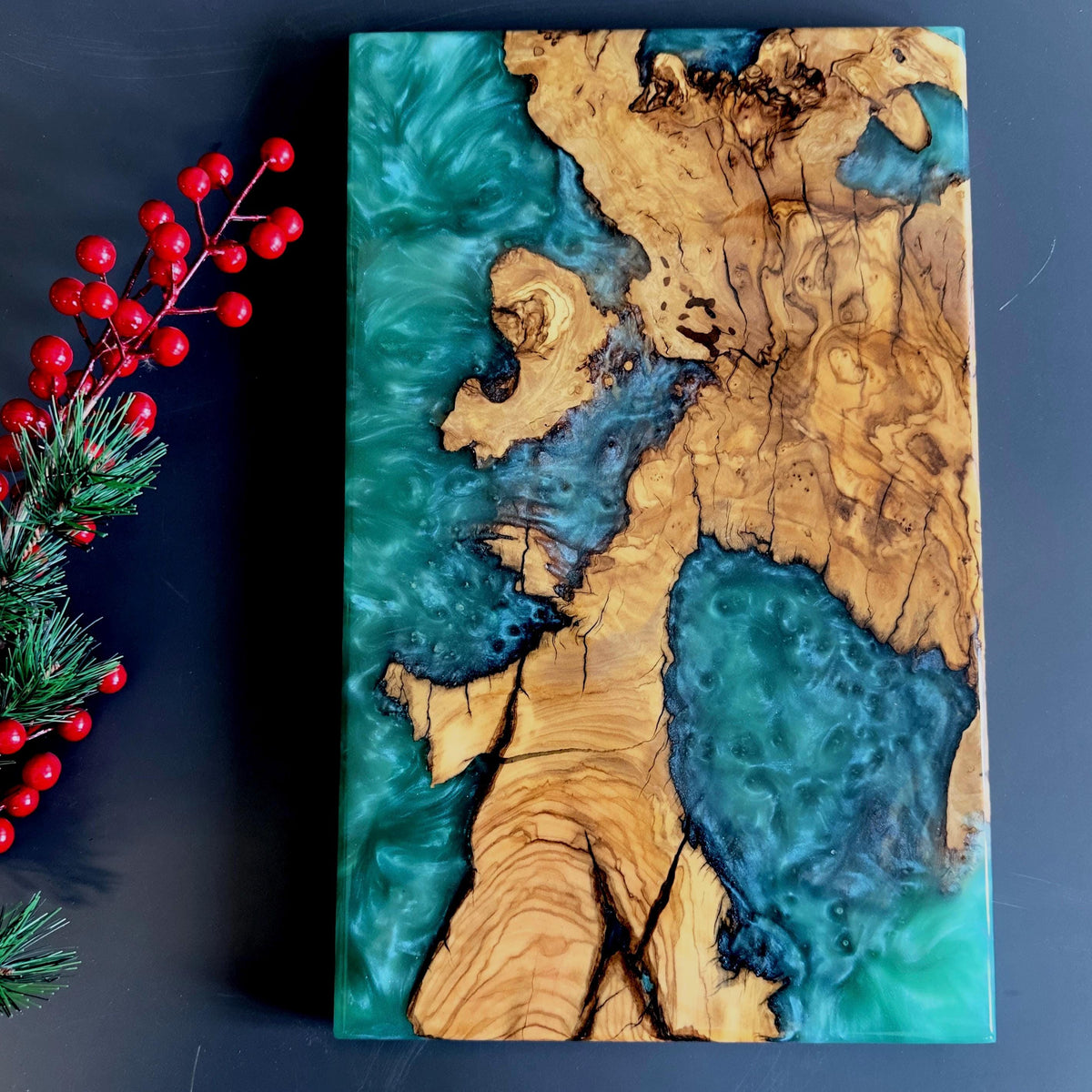 Olive Wood Charcuterie Board with Epoxy Resin | Serving Tray for Cheese | Christmas Gift