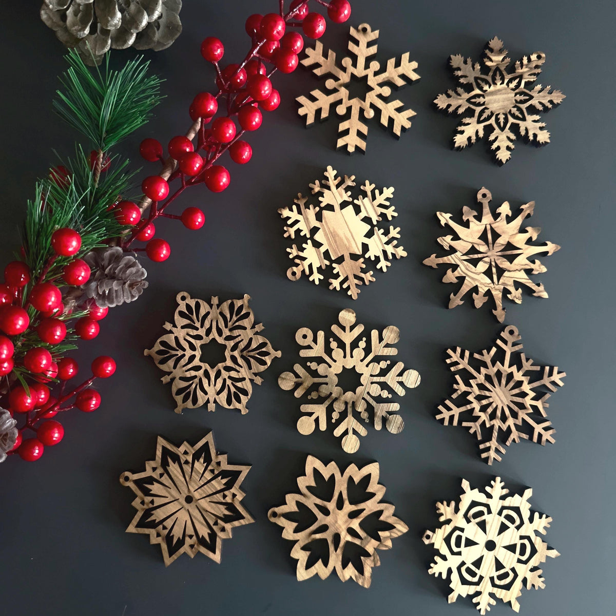 Olive Wood Snowflake Designs Christmas Ornaments