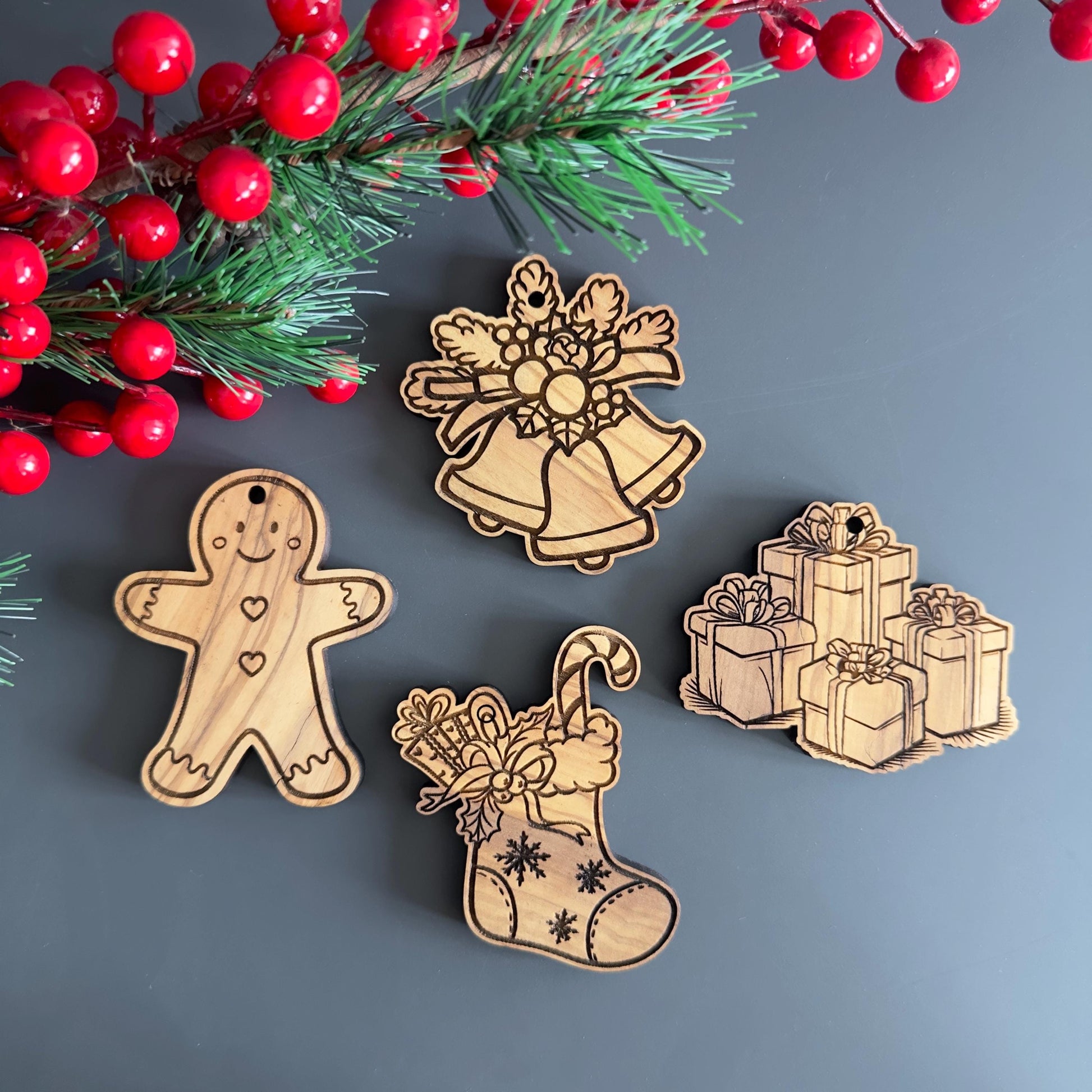 Olive Wood Christmas Ornaments, Wooden Engraved Figure Ornaments Set, Olive Wood Unique Figures Christmas Favors Bundle