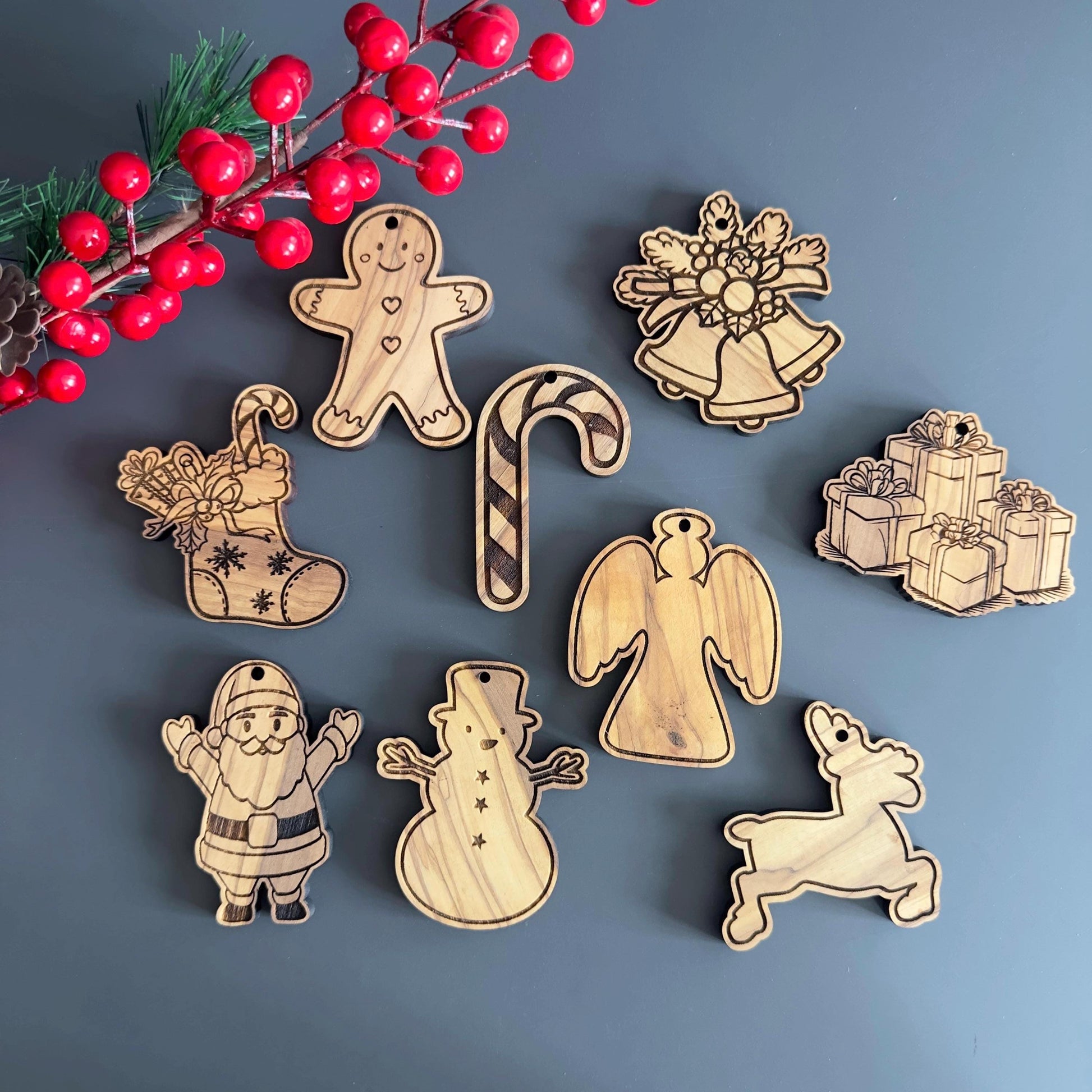 Olive Wood Christmas Ornaments, Wooden Engraved Figure Ornaments Set, Olive Wood Unique Figures Christmas Favors Bundle