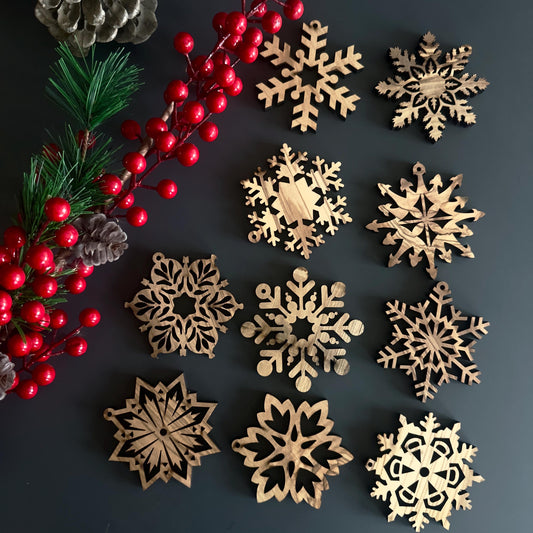 Unique Olive Wood Christmas Ornaments | 30 Snowflake Designs for Holiday Decoration | Wood Christmas Ornaments | Olive Wood Christmas Favors