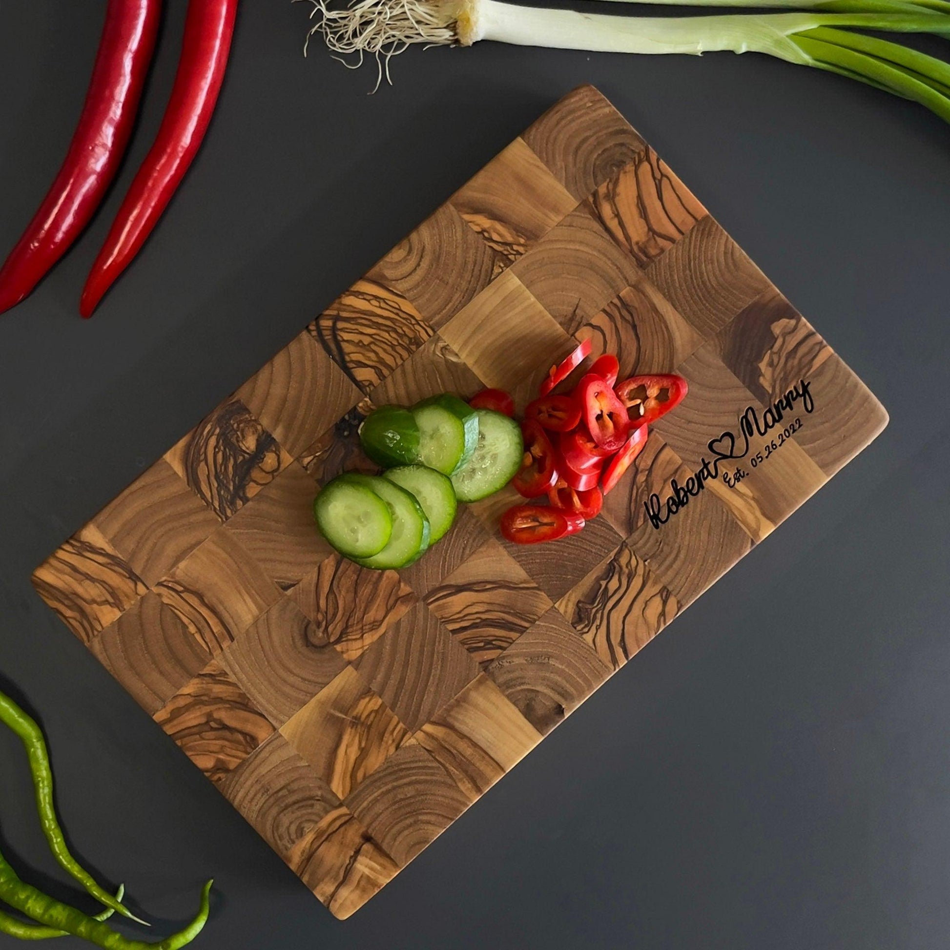 Handmade Olive Wood Cutting Board and Chef&#39;s Knife Set, Personalized Olive Wood Kitchen Set