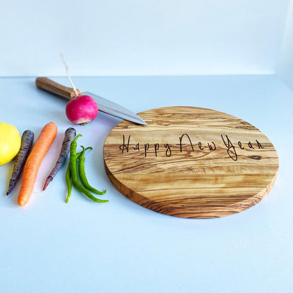 Personalized Olive Wood Cutting Board, Circle Serving Board