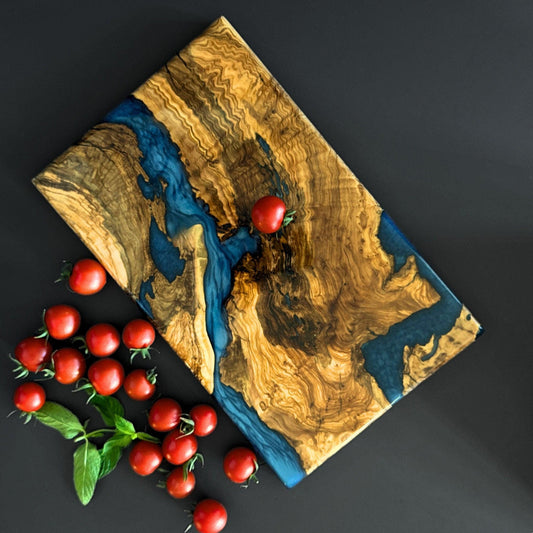 Handmade Olive Wood Charcuterie Board with Epoxy Resin | Serving Tray for Cheese | Anniversary Gift l Charcuterie Board