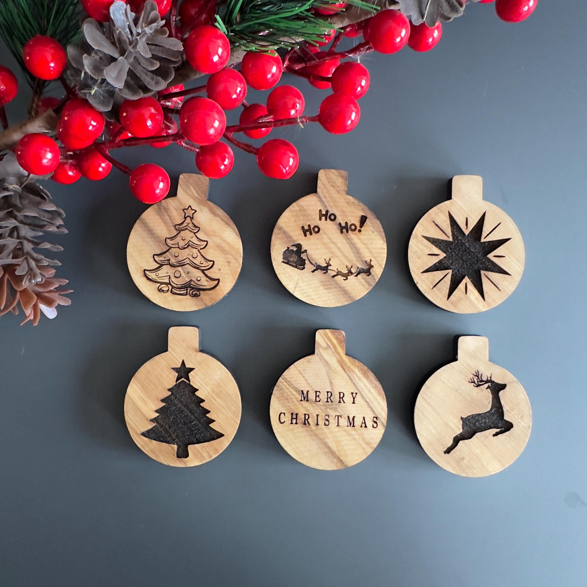 Engraved Olive Wood Christmas Ornaments, Unique Designs