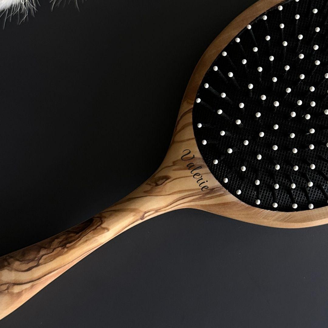 Personalized Olive Wood Hairbrush with Mirror