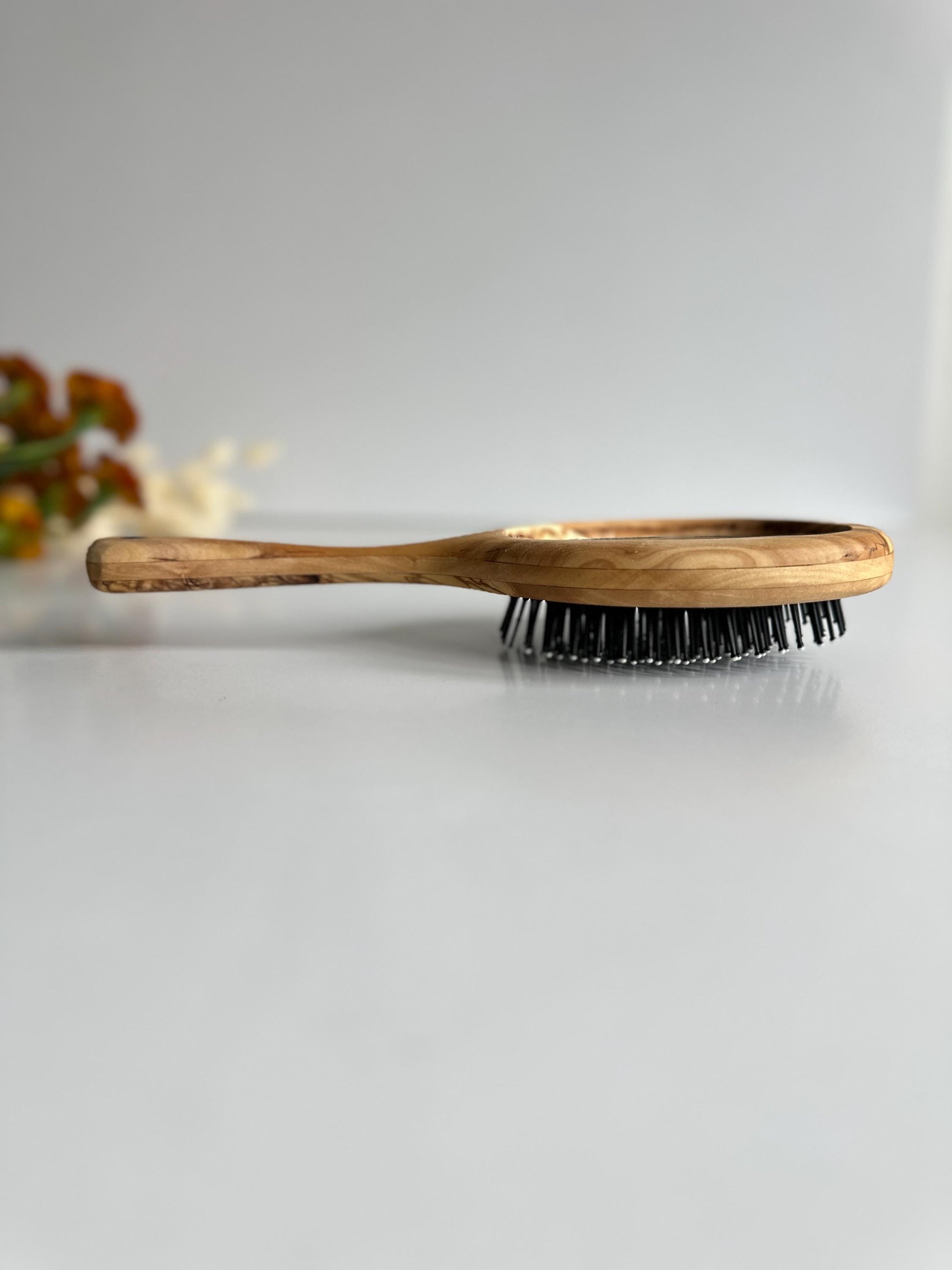 Personalized Olive Wood Hairbrush with Mirror – Rustic Handheld Design - Christmas Gift