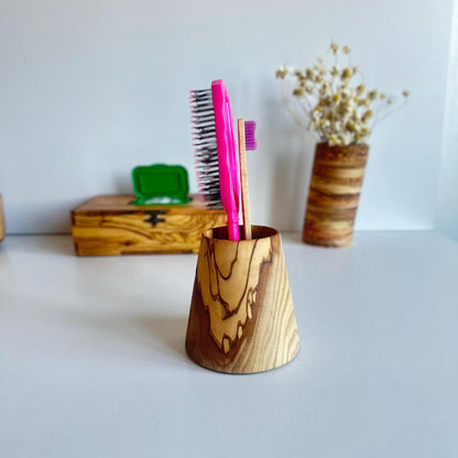Olive Wood Toothbrush Holder, Antibacterial Bathroom Decor