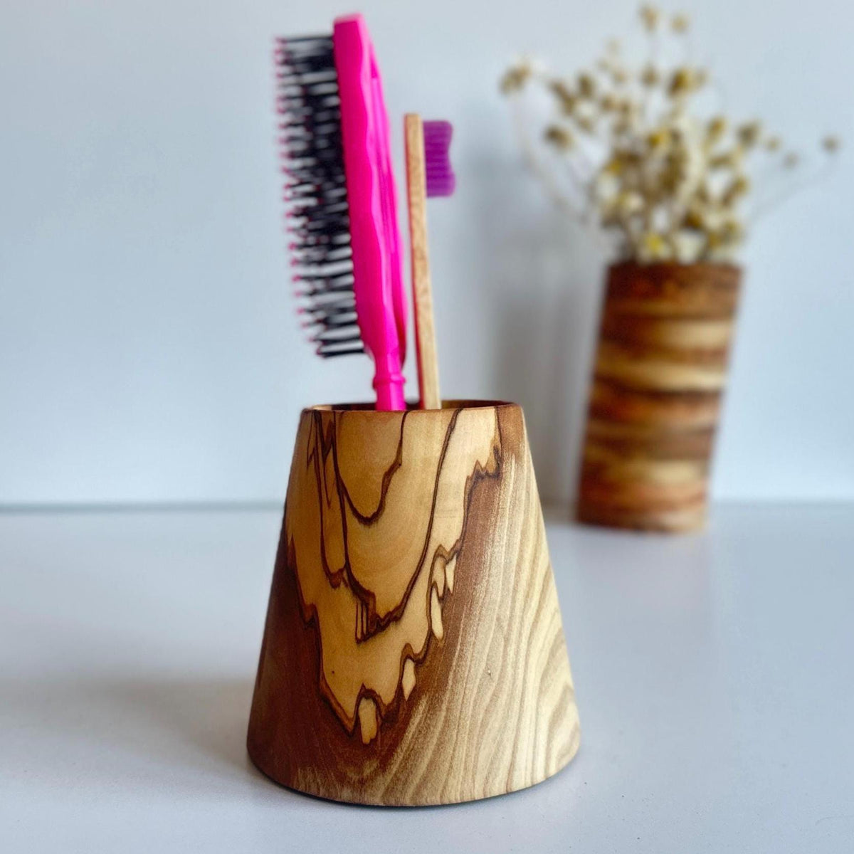 Olive Wood Toothbrush Holder, Antibacterial Bathroom Decor