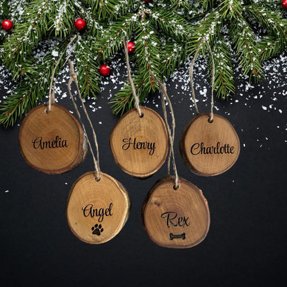 Personalized Olive Wood Christmas Ornament | Engraved Family & Pet Names