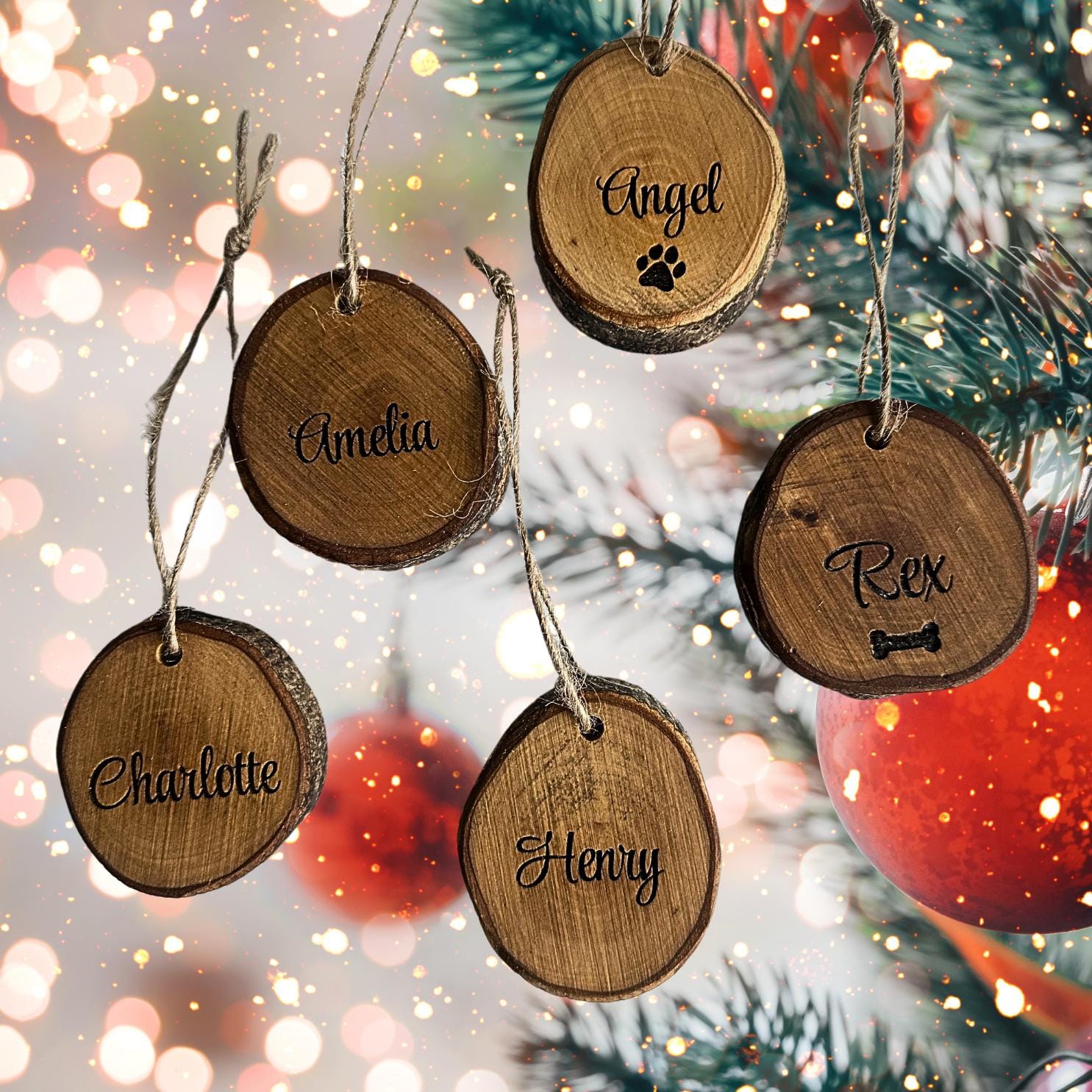 Personalized Olive Wood Christmas Tree Ornament | Family & Pet Names Engraving | Wooden Christmas Ornaments