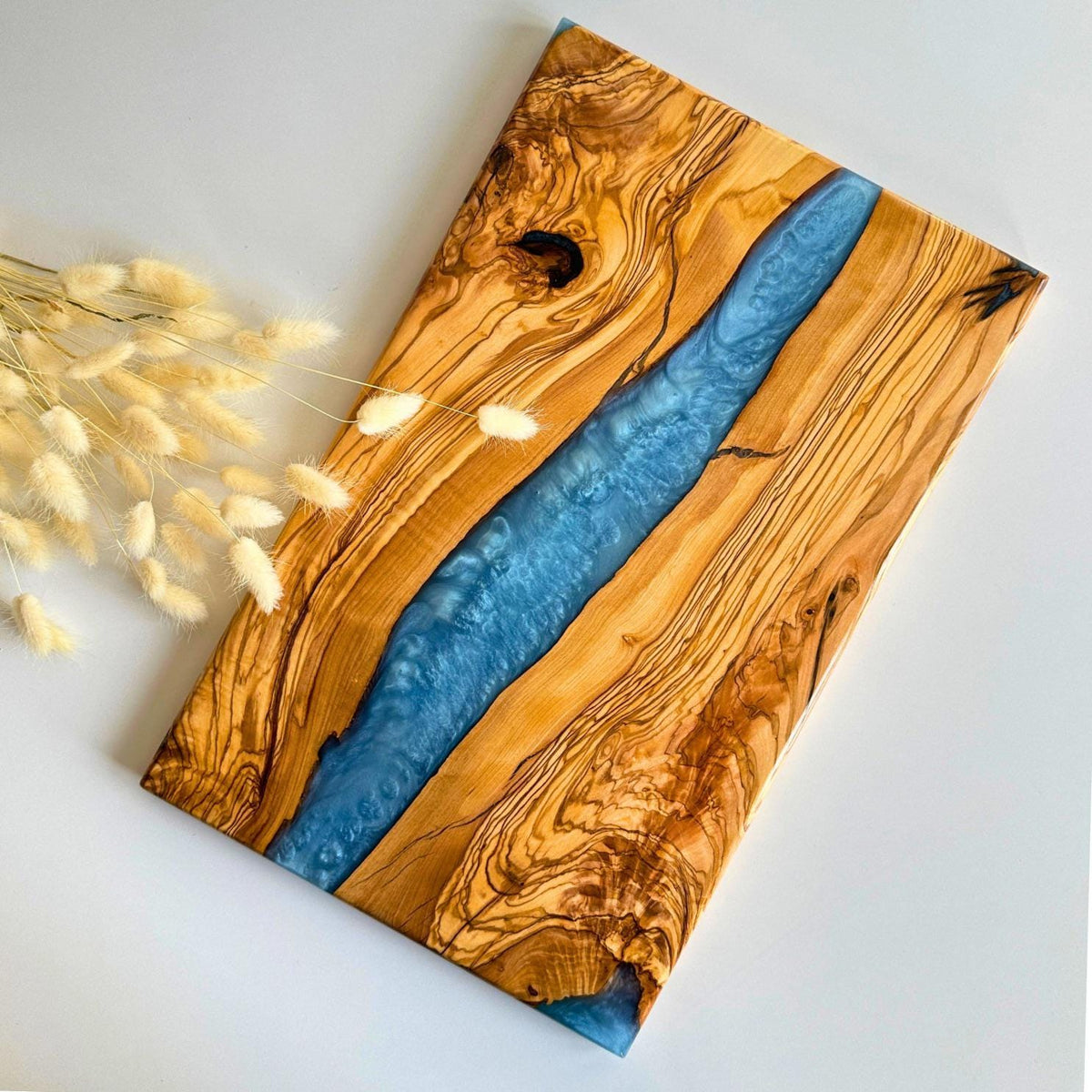 Olive Wood Cutting Board with Blue Epoxy | Unique Kitchen Decor