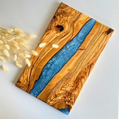 Olive Wood Cutting Board with Blue Epoxy | Unique Kitchen Decor