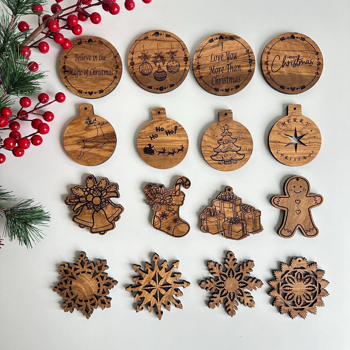 Engraved Olive Wood Christmas Ornaments, Unique Holiday Decor