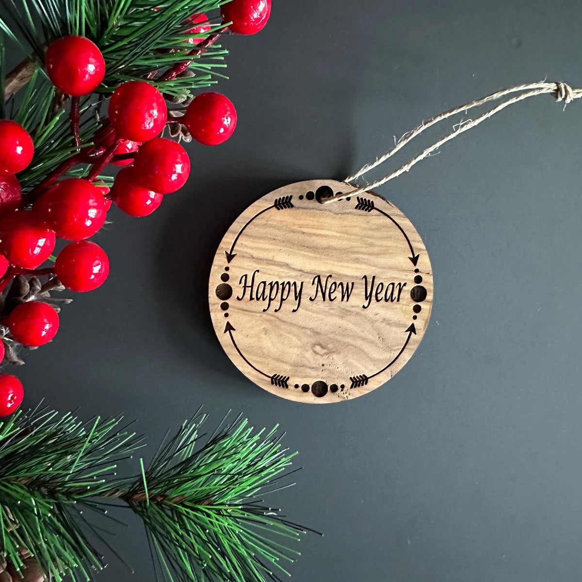 Engraved Olive Wood Christmas Ornaments, Holiday Decoration Set