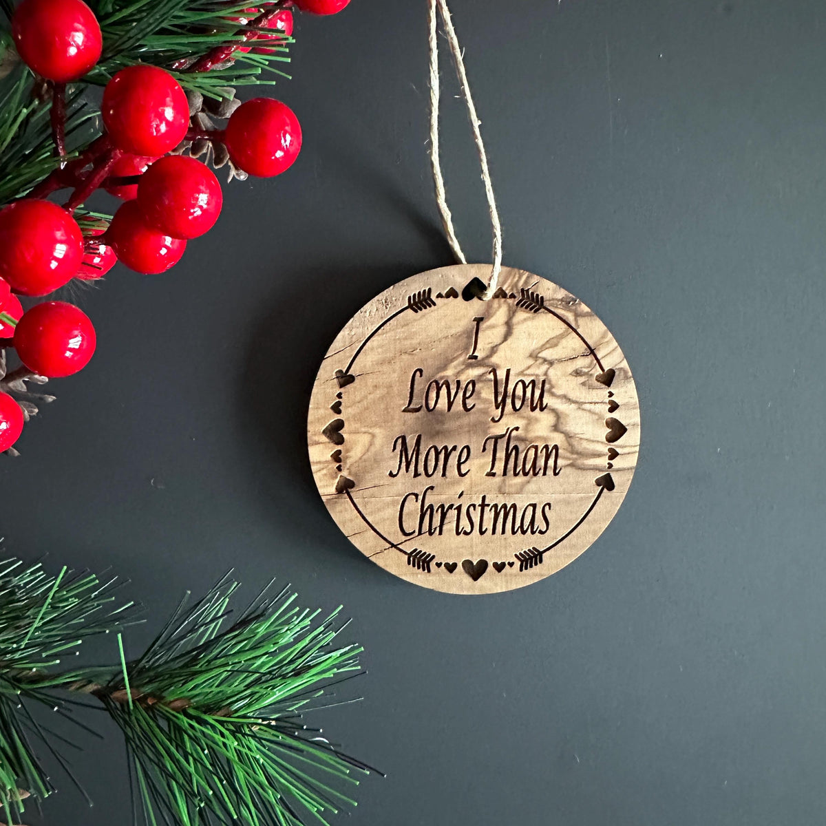 Engraved Olive Wood Christmas Ornaments, Holiday Decoration Set