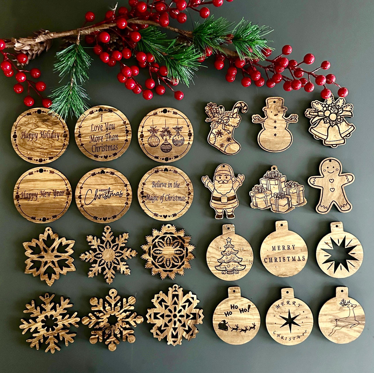 Engraved Olive Wood Christmas Ornaments, Unique Holiday Decor