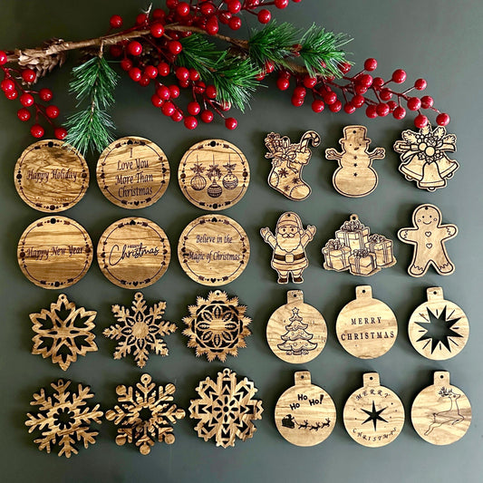 Engraved Olive Wood Christmas Ornaments, Unique Holiday Decor