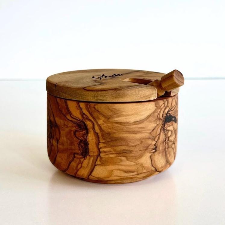 Personalized Olive Wood Salt Bowl with Spoon and Lid