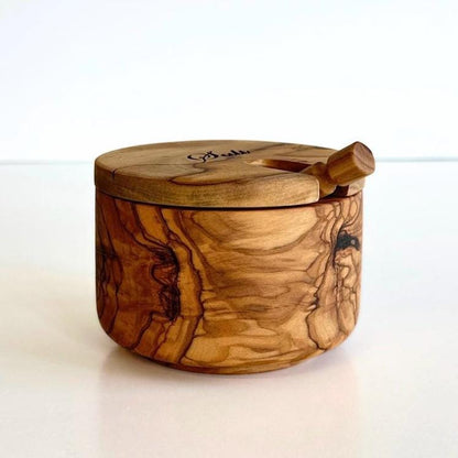Personalized Olive Wood Salt Bowl with Spoon and Lid