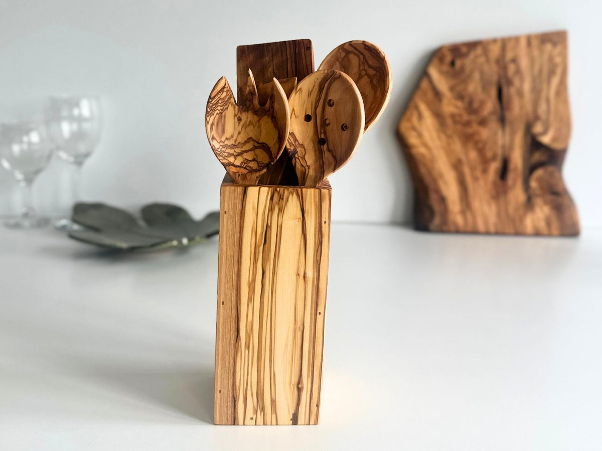 Handcrafted Olive Wood Kitchen Utensil Set, 6-Piece with Holder