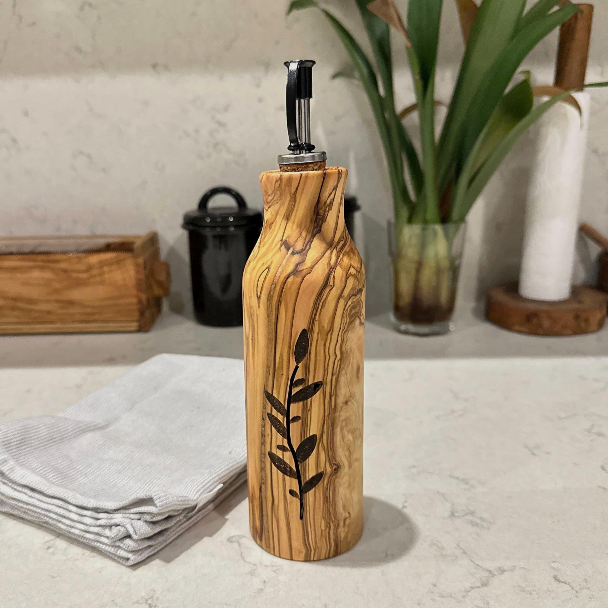 Olive Wood Oil and Vinegar Bottle - Elegant and Functional Kitchen Decor