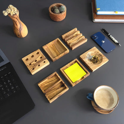 Handmade Olive Wood 6-Piece Desk Organizer Set
